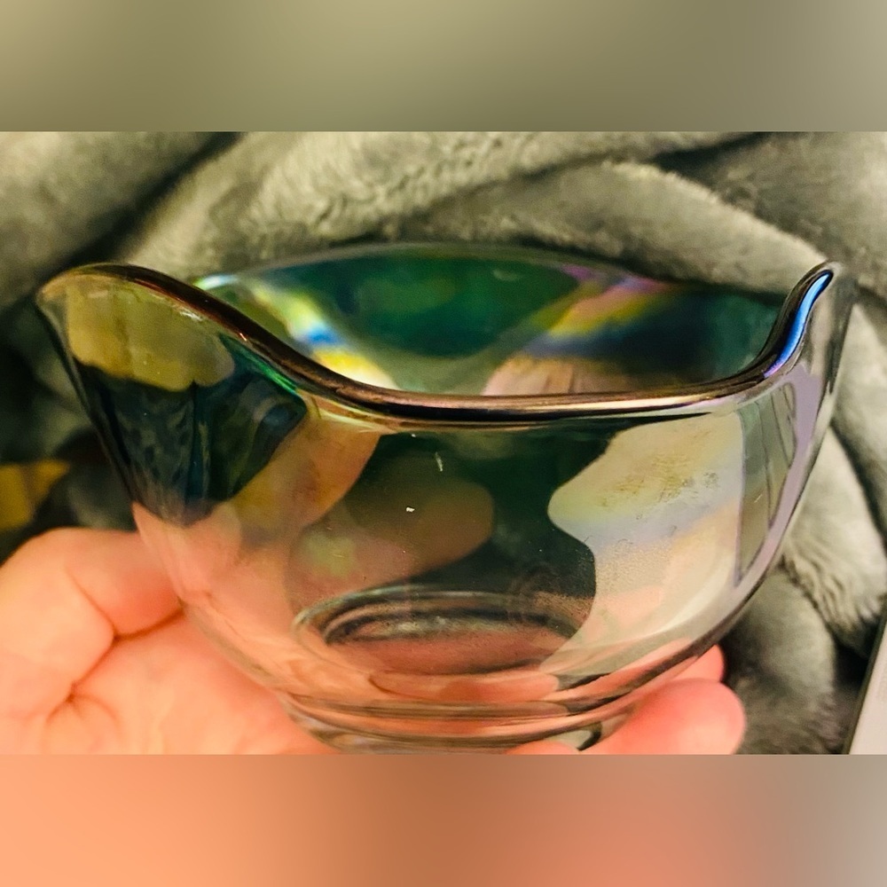 Glass serving dish ombré green blue to clear iridescent wavy top rim